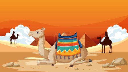 Téléchargez les illustrations : Illustration de chameaux avec des selles dans un désert - en licence libre de droit