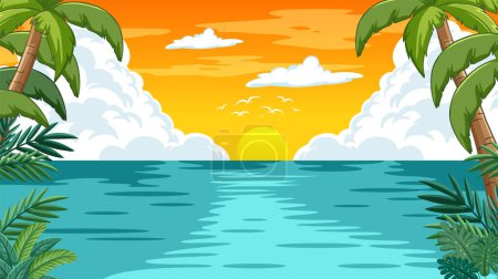 Téléchargez les illustrations : Illustration vectorielle d'un coucher de soleil tropical serein - en licence libre de droit