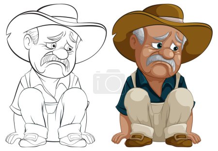 Dibujos animados de un vaquero de edad avanzada mirando deprimido.