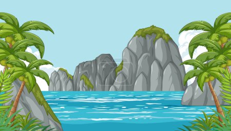 Téléchargez les illustrations : Art vectoriel d'un paysage tropical serein - en licence libre de droit