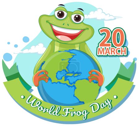 Téléchargez les illustrations : Grenouille joyeuse embrassant la Terre pour la Journée mondiale de la grenouille - en licence libre de droit
