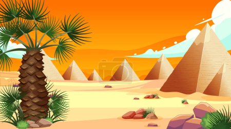 Illustration for Illustration of pyramids with palm trees in a desert - Royalty Free Image