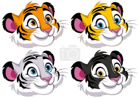 Ilustración de Cuatro caras de tigre estilizadas con diferentes esquemas de color. - Imagen libre de derechos
