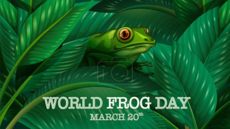 Téléchargez les illustrations : Grenouille verte au milieu des feuilles célébrant la Journée mondiale de la grenouille - en licence libre de droit