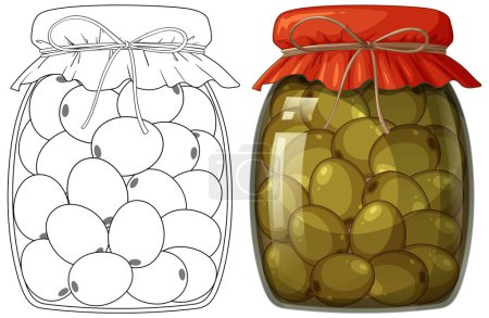 Illustration of olives in jar, before and after coloring.
