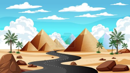 Winding road through a desert with pyramids and palms.