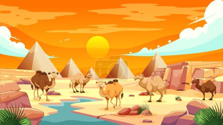 Camels by water near pyramids under a sunset sky