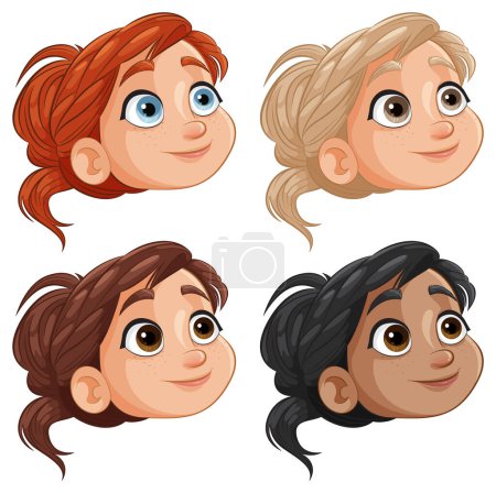 Téléchargez les illustrations : Quatre visages féminins de bande dessinée avec différentes coiffures et expressions. - en licence libre de droit