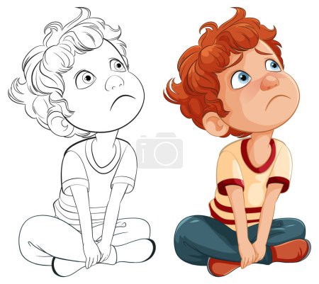 Illustration for Two cartoon kids sitting, looking thoughtful and sad. - Royalty Free Image