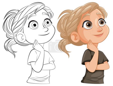 Illustration for Illustration of a girl pondering, in color and sketch. - Royalty Free Image