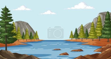 Illustration for Tranquil lake scene with trees and mountains - Royalty Free Image