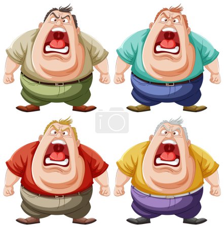 Illustration for Four cartoon men displaying angry emotions. - Royalty Free Image