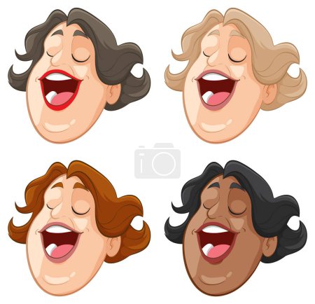 Téléchargez les illustrations : Quatre visages de dessin animé exprimant le bonheur et le rire. - en licence libre de droit