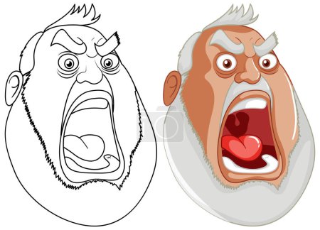 Illustration for Black and white and colored angry faces side by side. - Royalty Free Image