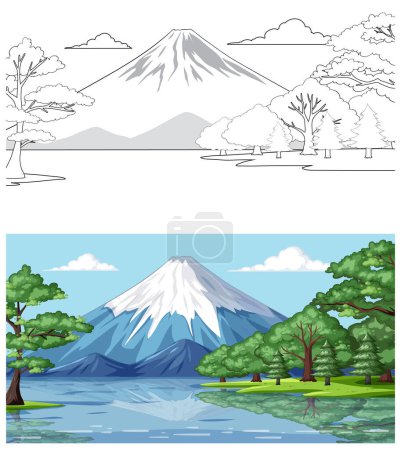 Téléchargez les illustrations : Illustration vectorielle d'un paysage de montagne en deux styles. - en licence libre de droit