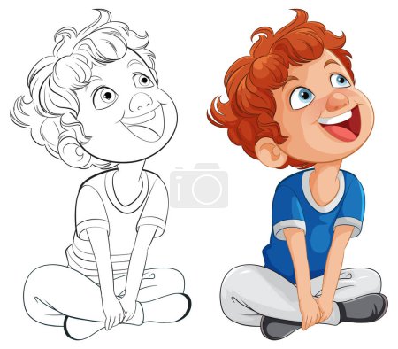 Illustration for Black and white and colored illustrations of a happy boy - Royalty Free Image