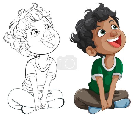 Ilustración de Dos niños de dibujos animados felices sentados con las piernas cruzadas - Imagen libre de derechos
