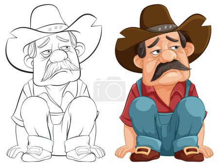 Téléchargez les illustrations : Deux cow-boys dessin animé assis avec des expressions réfléchies. - en licence libre de droit