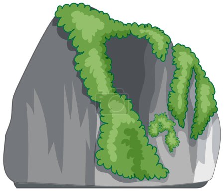 Téléchargez les illustrations : Illustration d'une végétation luxuriante recouvrant un grand rocher - en licence libre de droit