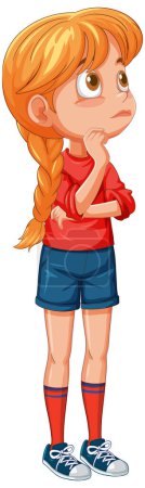 Cartoon of thoughtful girl standing with hand on chin