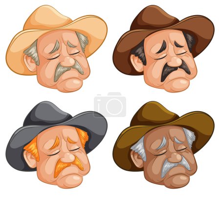 Téléchargez les illustrations : Quatre expressions faciales distinctes de cow-boy dans le style vectoriel. - en licence libre de droit