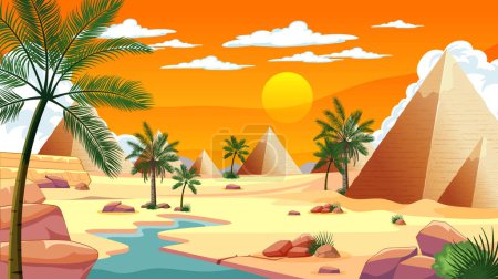 Illustration for Vector illustration of pyramids and palm trees at sunset - Royalty Free Image