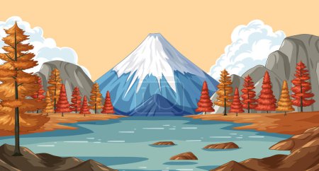 Illustration for Vector illustration of a tranquil mountain and lake scene - Royalty Free Image