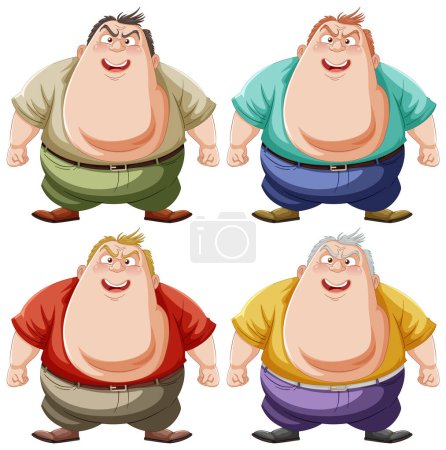 Illustration for Four happy cartoon men in colorful outfits. - Royalty Free Image