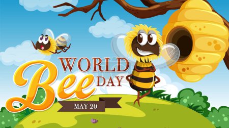 Colorful cartoon bees celebrating World Bee Day