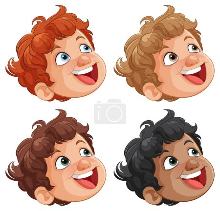 Téléchargez les illustrations : Illustration des quatre visages souriants de dessins animés pour enfants. - en licence libre de droit