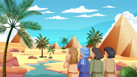 Ilustración de Grupo de amigos admirando las pirámides egipcias - Imagen libre de derechos