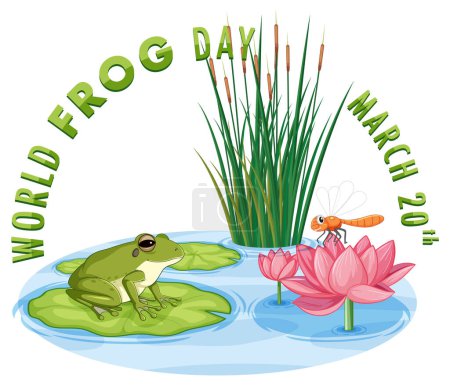 Illustration for Frog on lily pad with dragonfly and plants - Royalty Free Image