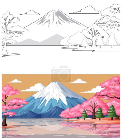 Téléchargez les illustrations : Illustration vectorielle d'une montagne aux arbres en fleurs - en licence libre de droit