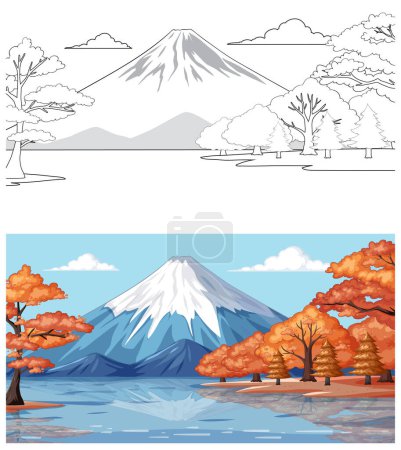 Ilustración de Coloridos árboles de otoño junto a un tranquilo lago de montaña - Imagen libre de derechos