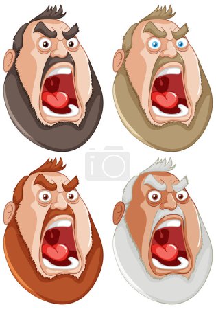 Téléchargez les illustrations : Quatre visages de dessin animé montrant des émotions intenses en colère. - en licence libre de droit