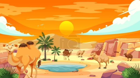 Les chameaux se rassemblent au bord de l'eau dans une paisible scène désertique