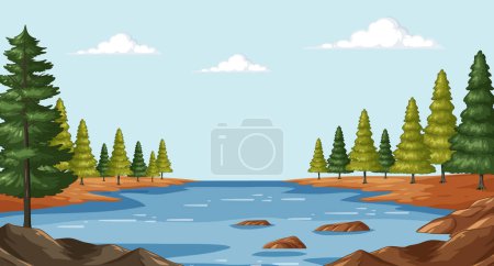 Illustration for Tranquil forest scene with a calm blue lake - Royalty Free Image