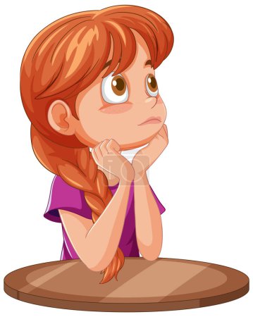 Téléchargez les illustrations : Caricature de fille réfléchie avec les mains sur le menton - en licence libre de droit