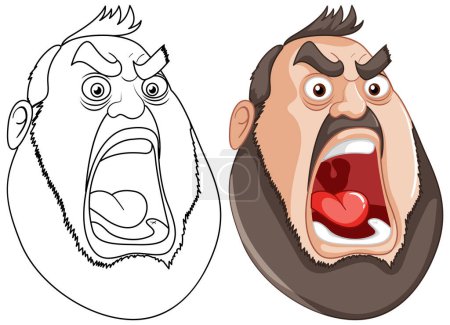 Téléchargez les illustrations : Deux visages de bande dessinée avec des expressions de colère exagérées - en licence libre de droit