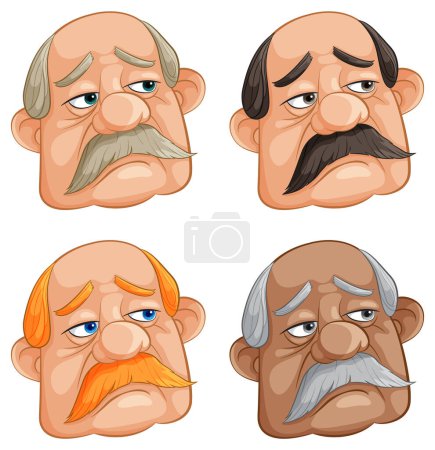 Illustration for Four stylized elderly male faces with different expressions. - Royalty Free Image