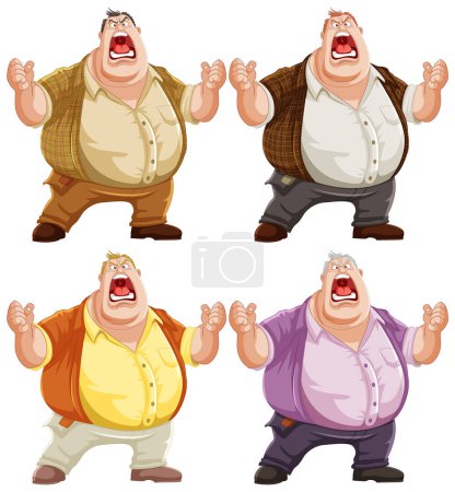 Illustration for Four poses of a cartoon man showing anger - Royalty Free Image