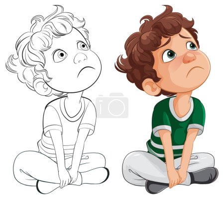 Téléchargez les illustrations : Deux enfants illustrés assis, regardant réfléchi et inquiet. - en licence libre de droit