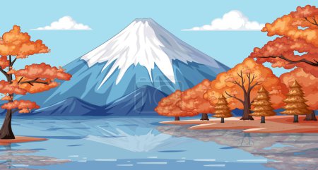 Téléchargez les illustrations : Lac serein avec montagne enneigée et arbres d'automne - en licence libre de droit