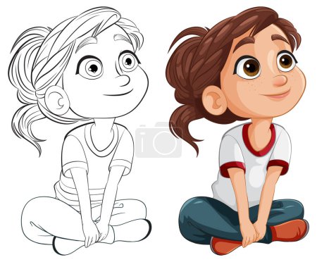 Two animated girls sitting, smiling, and looking up.