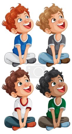 Téléchargez les illustrations : Quatre garçons joyeux illustrés dans différentes poses. - en licence libre de droit