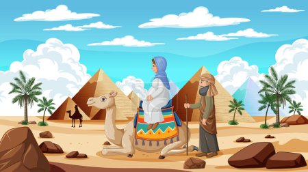 Ilustración de viajeros con camellos cerca de pirámides.