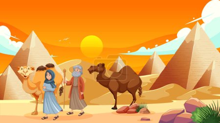 Illustration of people and camels near Egyptian pyramids
