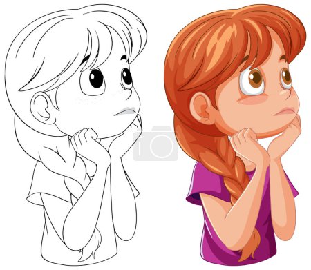 Two kids pondering, one colored and one line art.