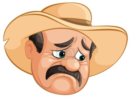 Cartoon of a sad cowboy with a large hat.