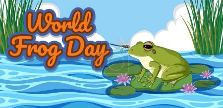 Téléchargez les photos : Grenouille sur un tapis de lis avec texte de la Journée mondiale de la grenouille - en image libre de droit